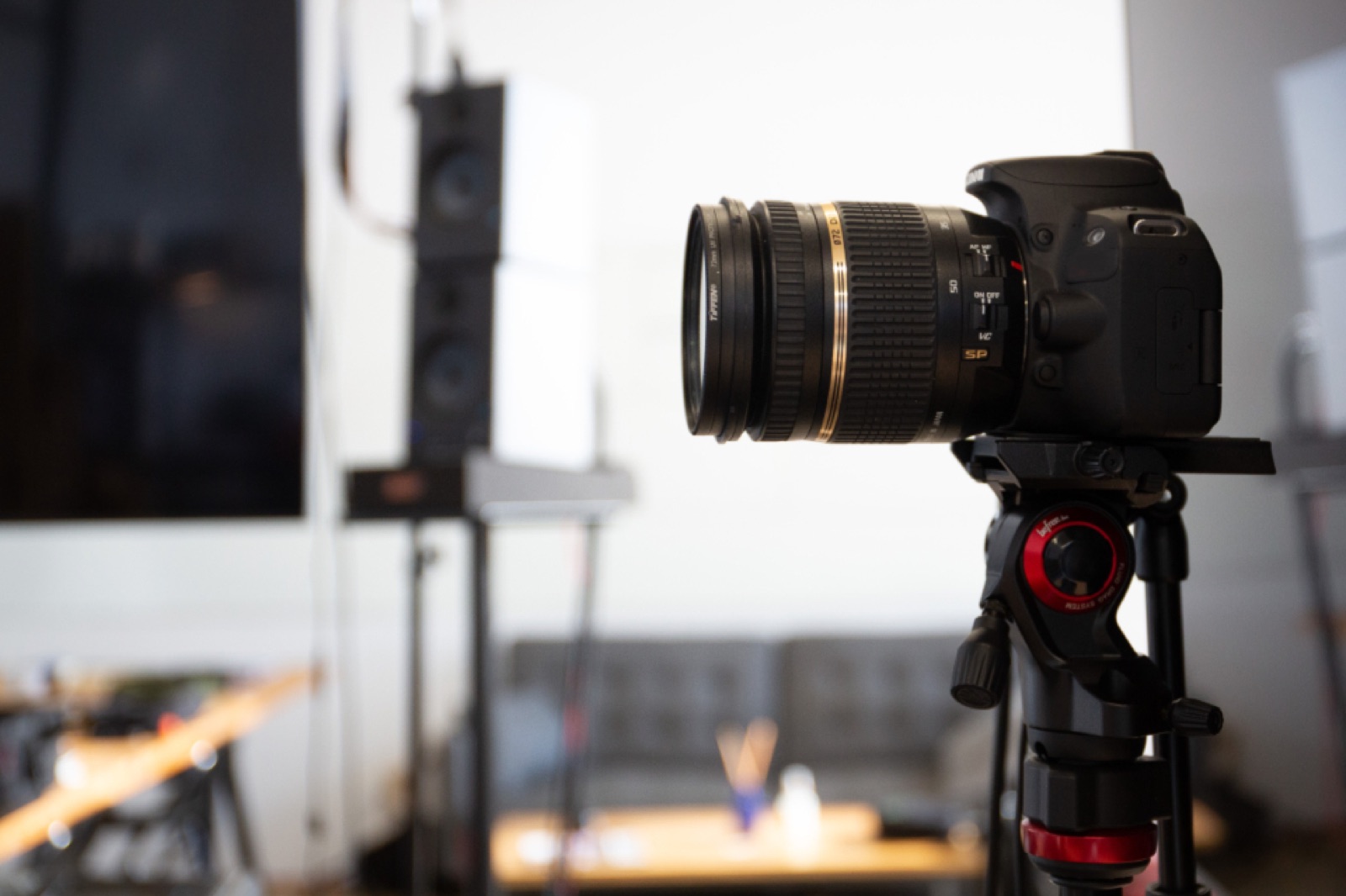Camera on a tripod in the studio